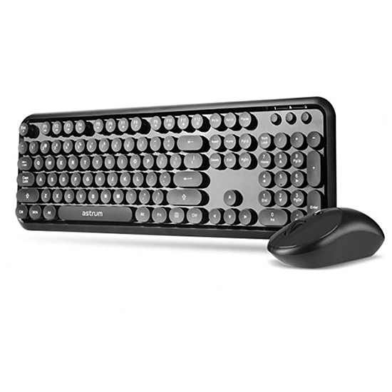 Astrum KW300 2.4Ghz Wireless Multimedia Keyboard + Mouse Combo Deskset USB Nano with Retro, Round KeyCaps Full Black
