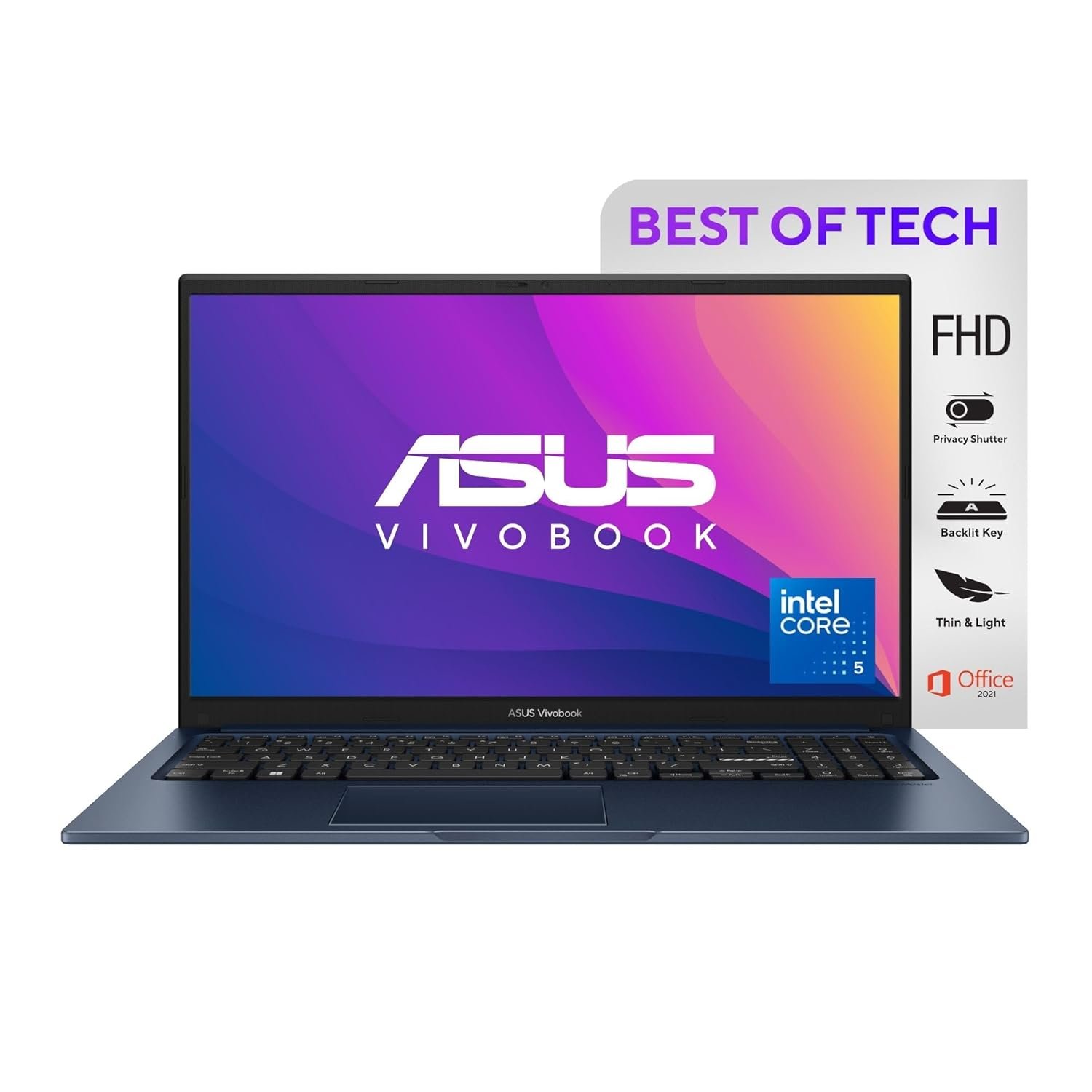 ASUS Vivobook 15, Intel Core 5 120U,Thin & Light Laptop (Intel iGPU/16GB RAM/512GB SSD/FHD/15.6"/60Hz/Backlit Keyboard/42WHrs/Windows 11/Office 2021/Quiet Blue/1.70 kg) X1504VAP-NJ542WS